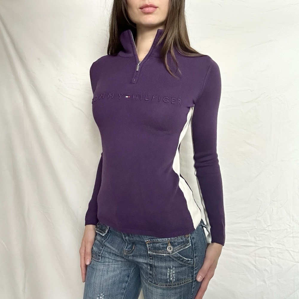 2000s Tommy Hilfiger Purple 1/4 Zip Sweater Embroidered Logo Y2K Preppy